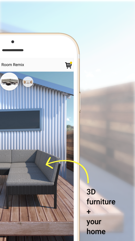 Room Remix - AR Decor & Design - Augmented reality view of 3D outdoor furniture placed on a patio using the Room Remix app