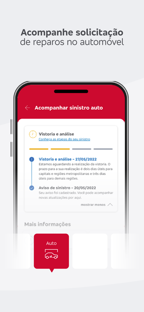 Mobile screen of Bradesco Seguros app displaying the progress of a car repair claim and inspection timeline
