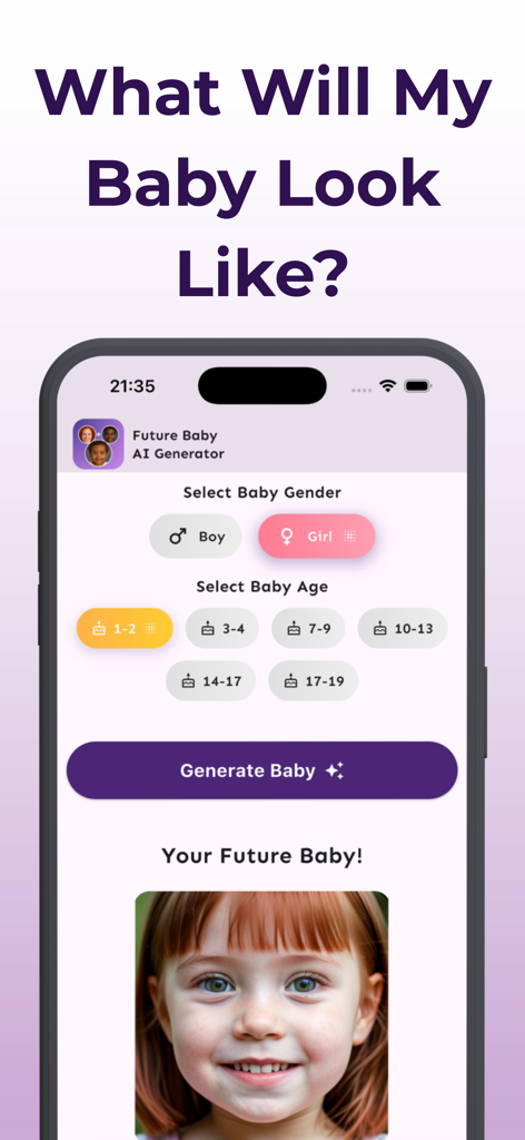 Future Baby AI Generator - Interface of the Future Baby AI Generator app showing baby gender and age selection options with a generated child photo.