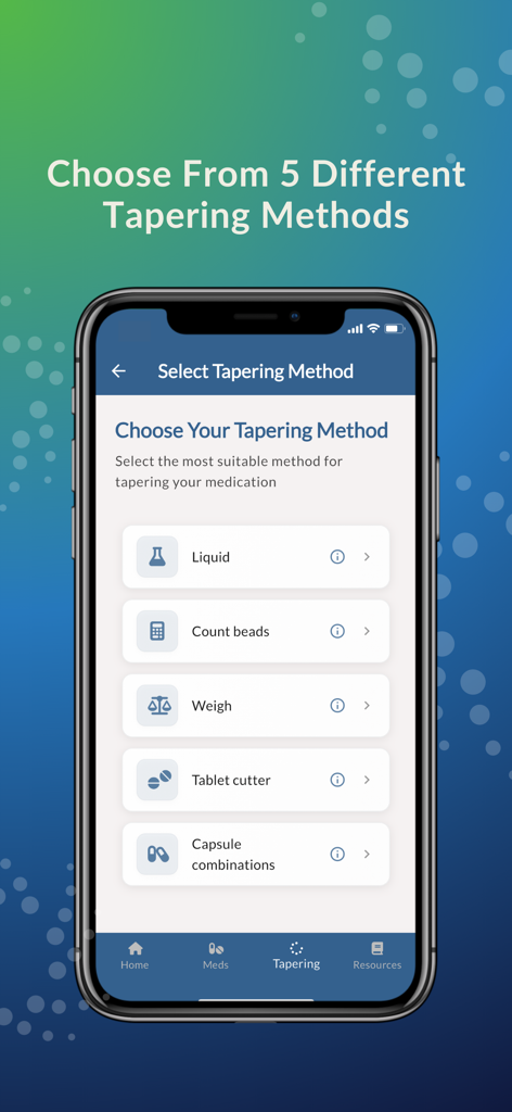 TaperMate - TaperMate app interface displaying five medication tapering methods including liquid and bead counting