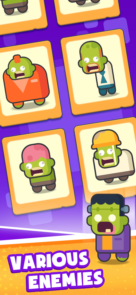 Backpack Hero: Merge Weapons - Una colección de cartas de enemigos zombis de dibujos animados en el juego móvil Backpack Hero