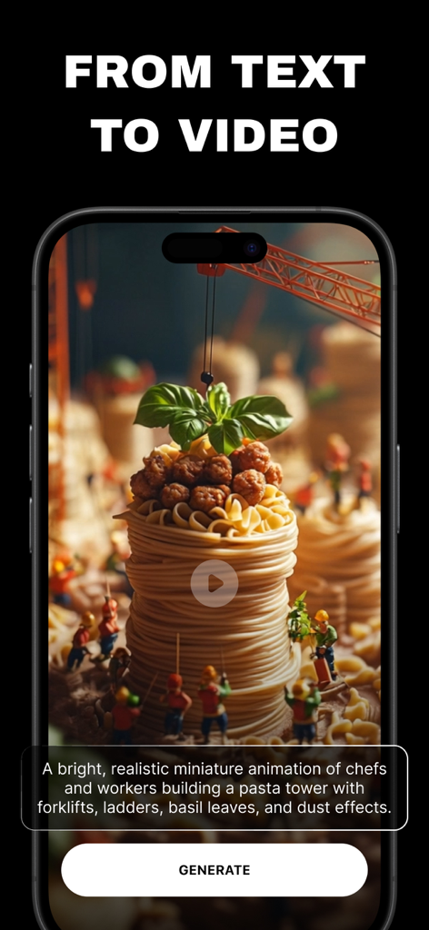 Flow AI - Video Generator - Interface de l'application Flow AI montrant le processus de génération d'une vidéo à partir d'une invite texte sur des chefs miniatures construisant une tour de pâtes.