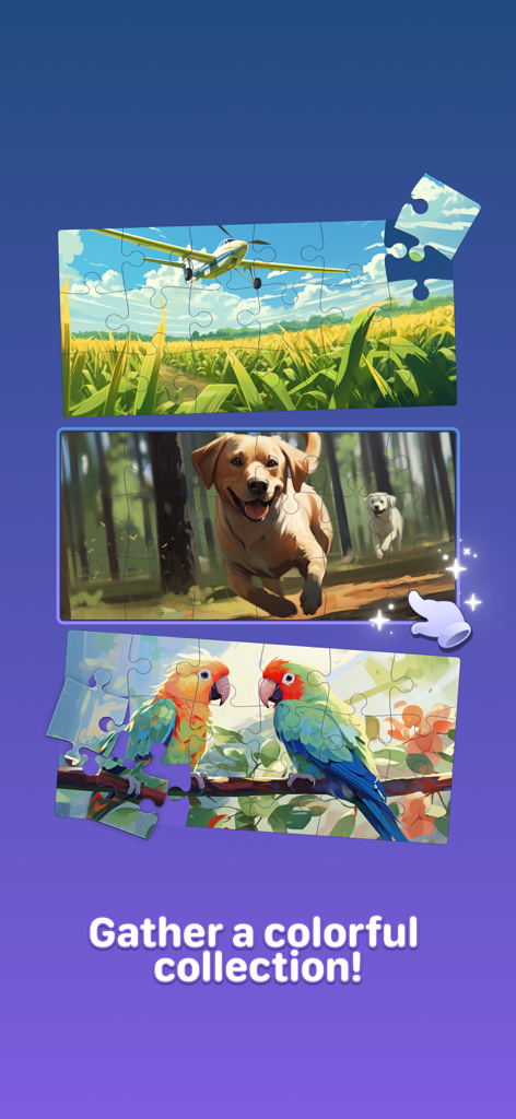 Boom Blocks: Classic Puzzle - Three jigsaw puzzles showing an airplane over a field, a running dog, and two parrots with the caption Gather a colorful collection