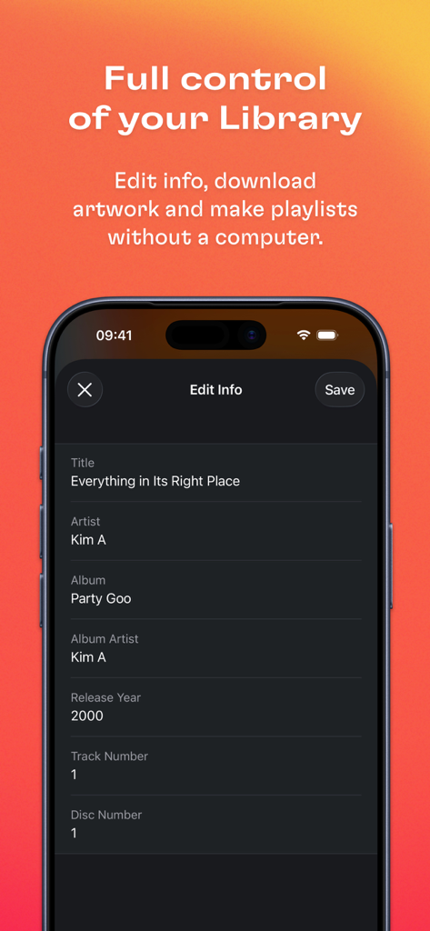 Doppler MP3 & FLAC Player - iPhone screen showing the Doppler app metadata editor for managing song and album information