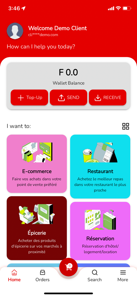 Yugo - Painel do aplicativo Yugo mostrando o saldo da carteira e as categorias de serviço para e-commerce, restaurantes e supermercado