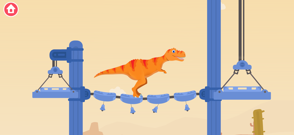 ジュラシック・レスキューで、ベルの付いた青い足場の橋を渡るオレンジ色のTレックス。