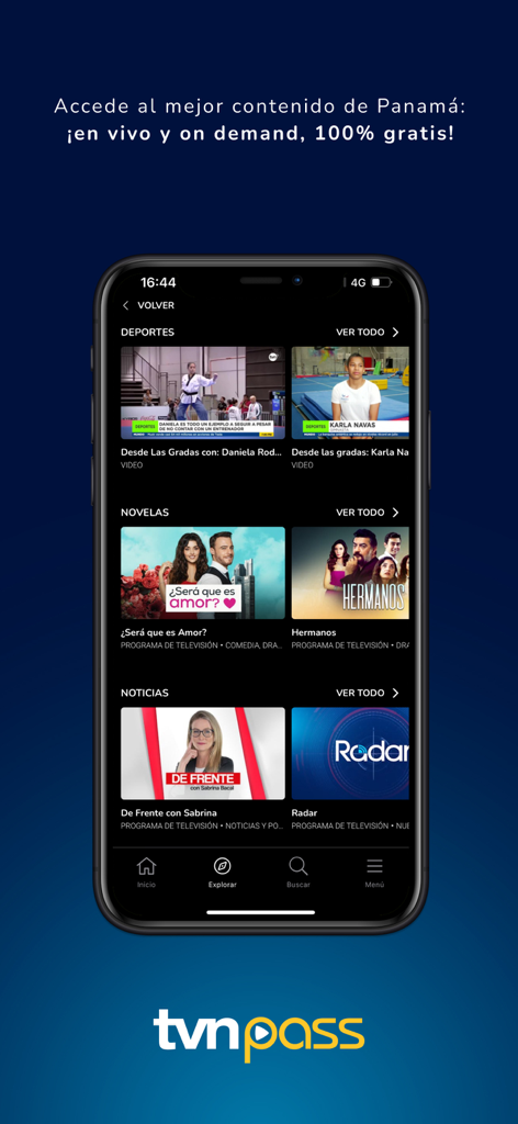 Interfaz de la aplicación TVN Pass con noticias, deportes y telenovelas panameñas