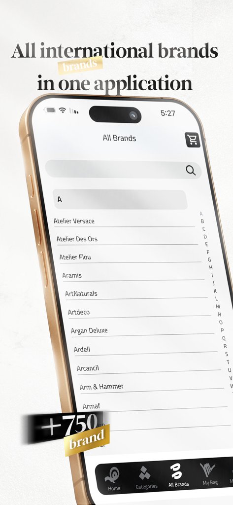 Al Shaheera - الشهيرة - Al Shaheera mobile app screen displaying a list of over 750 international beauty and perfume brands.