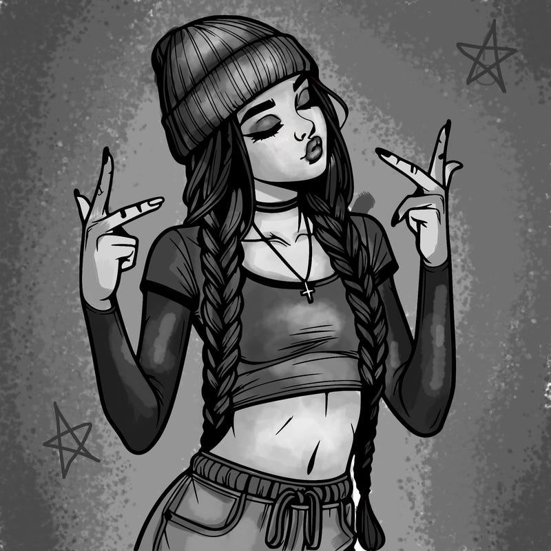 realistic teenage girl with braids and a beanie and crop top doing 🫶🏼