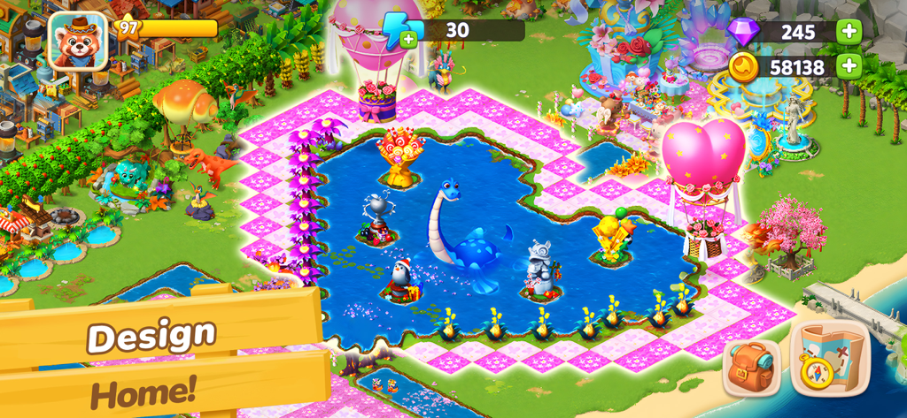A colorful tropical island in Dragonscapes Adventure with a heart shaped lake and a blue dragon