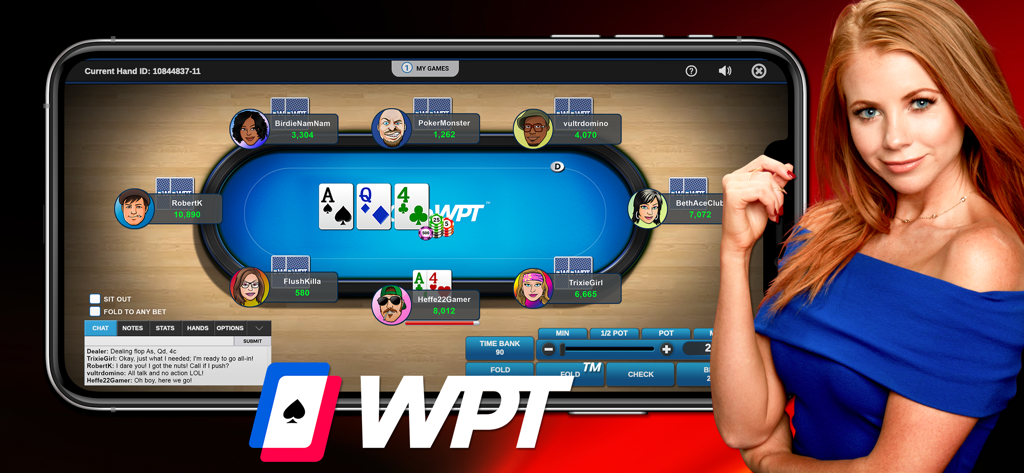 ClubWPT: Poker, Casino - ClubWPT Texas Holdem poker table on a mobile device with World Poker Tour branding