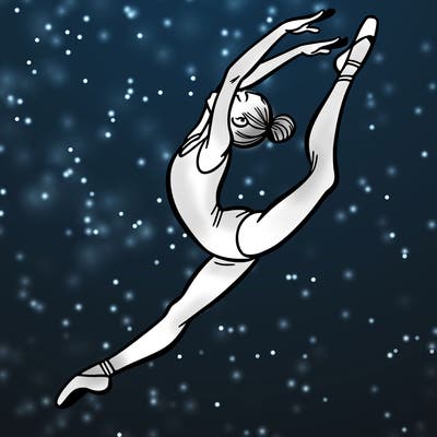 gymnast doing a leap in a leotard with a bent back leg