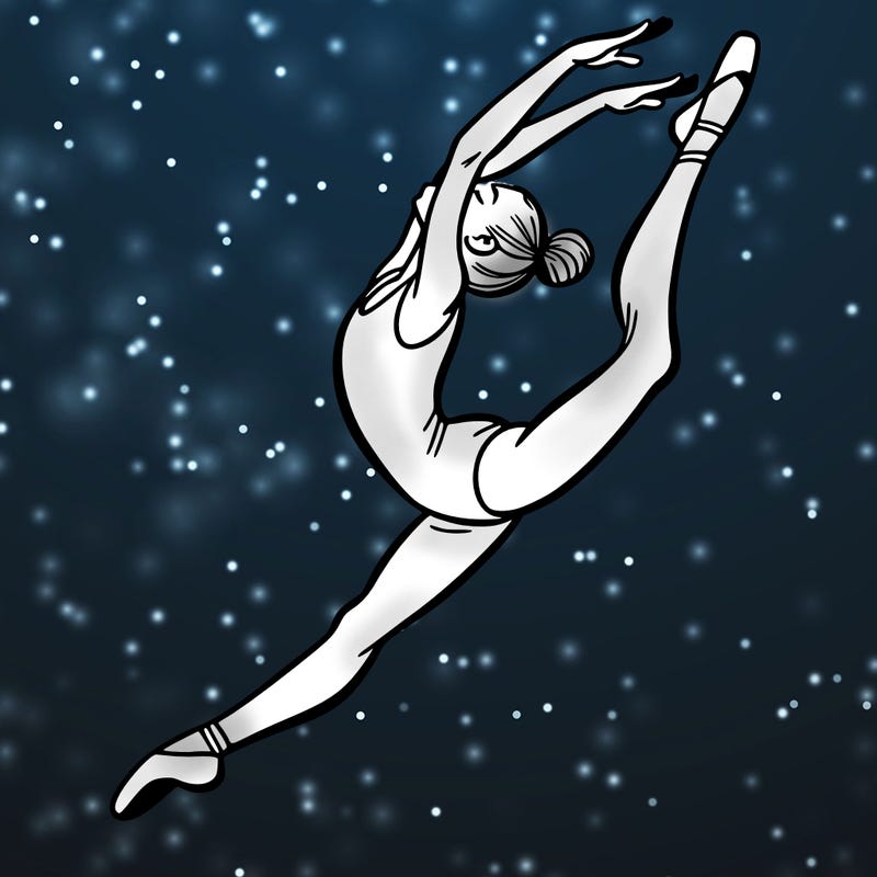 gymnast doing a leap in a leotard with a bent back leg