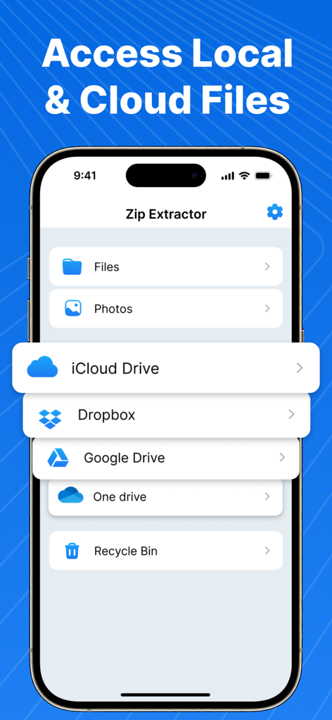 Zip & RAR Extractor - Unzip 7z - Zip and RAR Extractor app interface showing integration with cloud services like iCloud, Dropbox, and Google Drive.