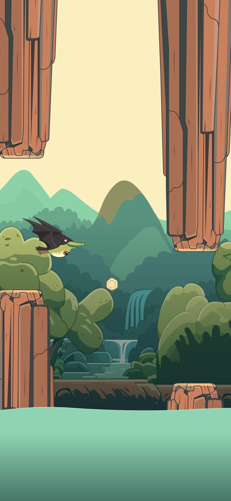 Dino T-Rex Endless Runner Game - 滝と岩柱のある先史時代のジャングルのレベルを飛ぶ翼竜のアバター。