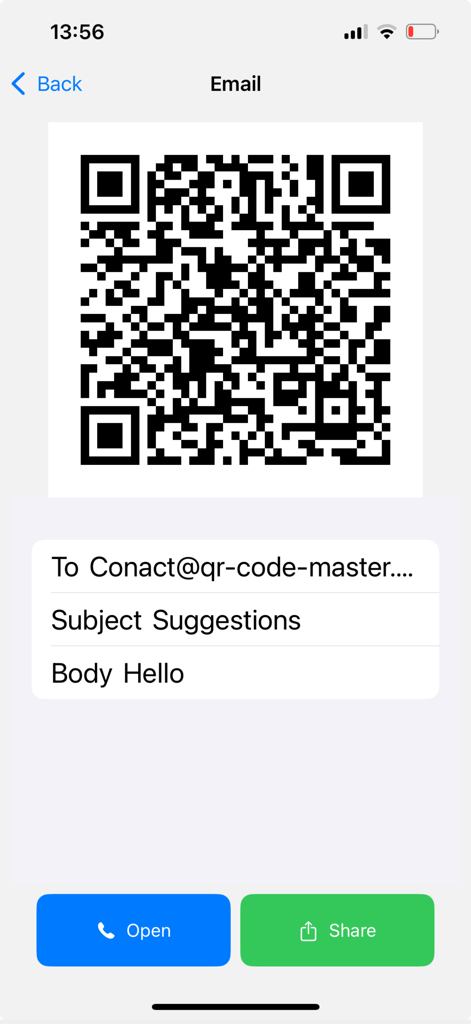 Generated QR code for an email message in the Qr Code Master app