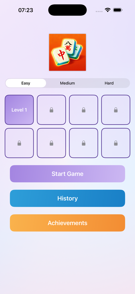 MJFLipOnCt - Main menu of Animal Memory Flip Cards app showing level selection grid and navigation buttons for start history and achievements