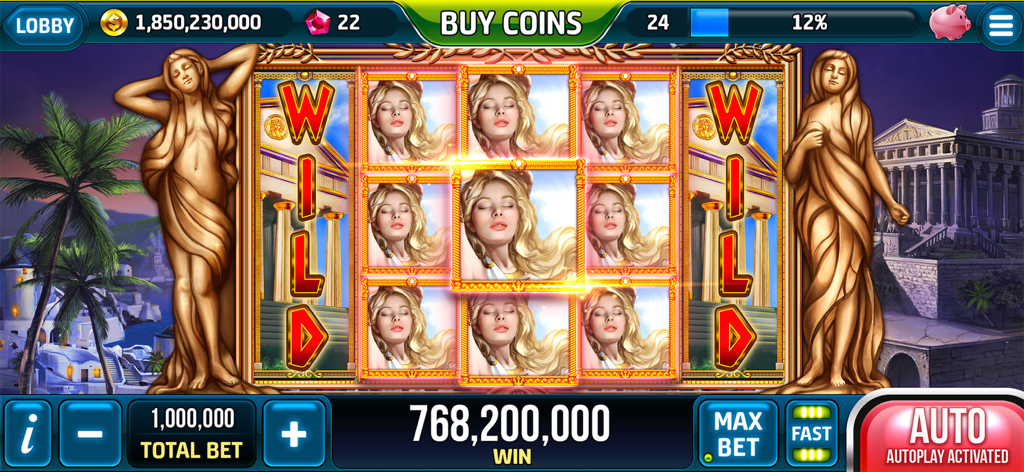 Gameplay screenshot of a Greek themed slot machine showing a large coin win