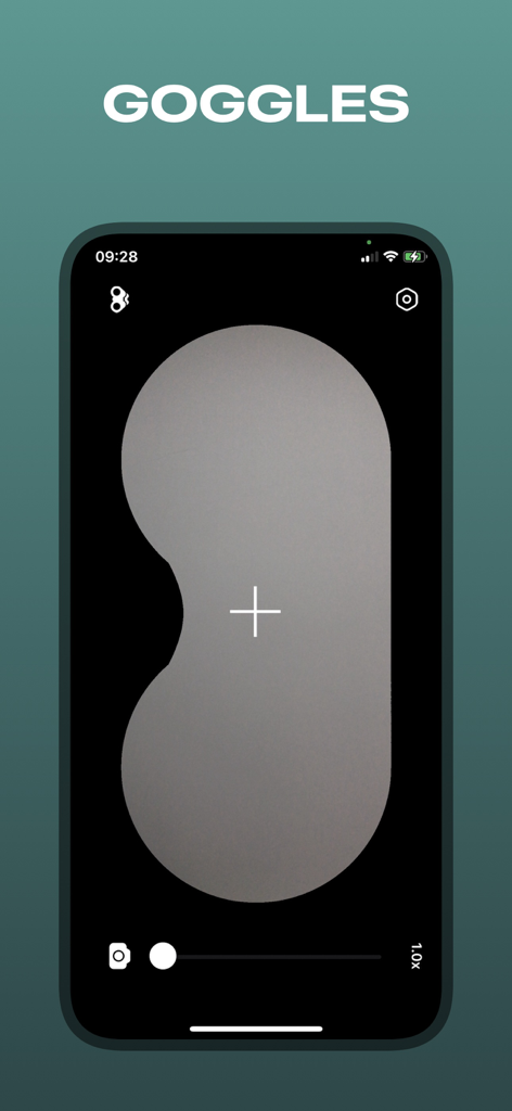 Eine mobile App-Oberfläche, die einen Fernglas-Sucher mit einer Schutzbrillen-förmigen Überlagerung und einem zentralen Fadenkreuz zur Zielerfassung anzeigt.