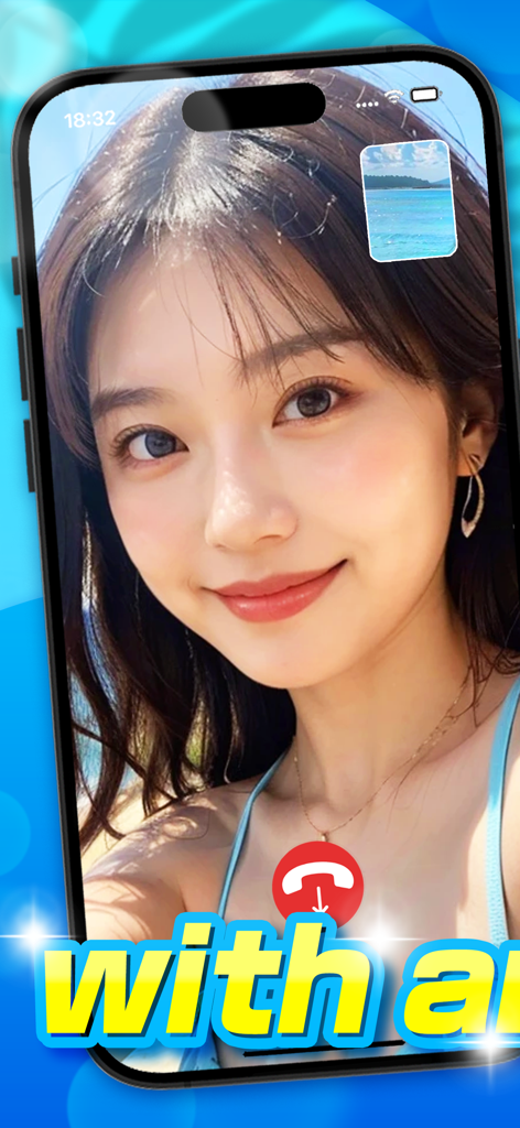 A real-time video chat screen on the Whale app showing a woman smiling and a small window featuring a calm blue ocean view.