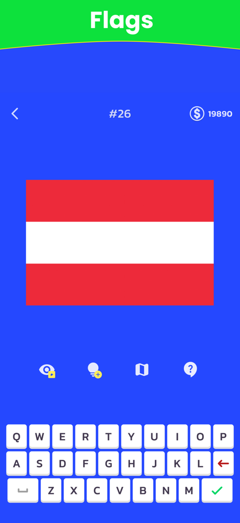 Uno screenshot dell'app World Quiz che mostra un gioco di identificazione di bandiere con la bandiera dell'Austria e una tastiera per le risposte.