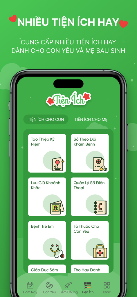 Con Yêu - App Cho Mẹ Và Bé - L'interfaccia delle utilità dell'app Con Yêu che mostra varie funzionalità per madri e bambini in vietnamita.
