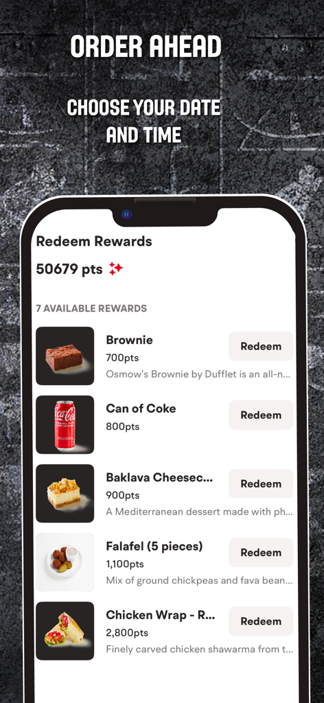 Tela do aplicativo Osmow's mostrando comidas e bebidas resgatáveis como recompensa por pontos de fidelidade.