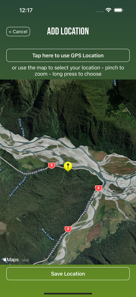 Solunar Best Hunting Times - Interface of the Solunar hunting app showing a satellite map to select and save a hunting location