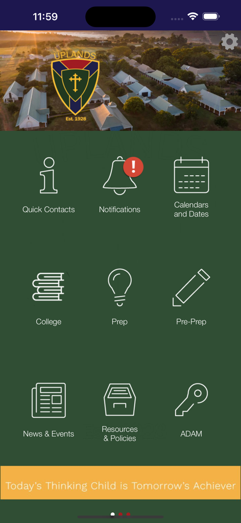 Uplands - Main dashboard of the Uplands school app featuring icons for contacts notifications calendars and school news