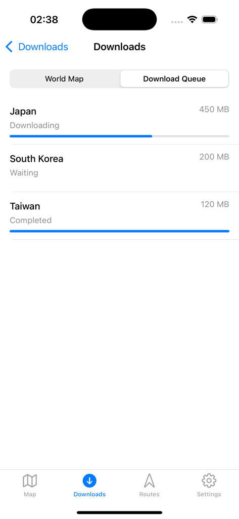 Offline Maps-Global Navigation - Download queue screen showing the progress of map downloads for Japan South Korea and Taiwan
