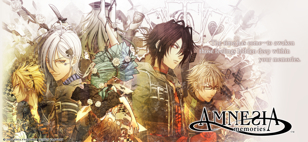Illustration promotionnelle pour Amnesia Memories Édition Premium montrant les personnages masculins principaux et la protagoniste féminine