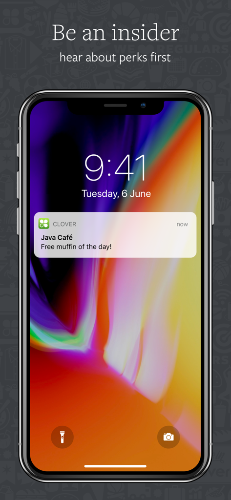 Clover app push notification on an iPhone lock screen offering a free muffin from a local coffee shop