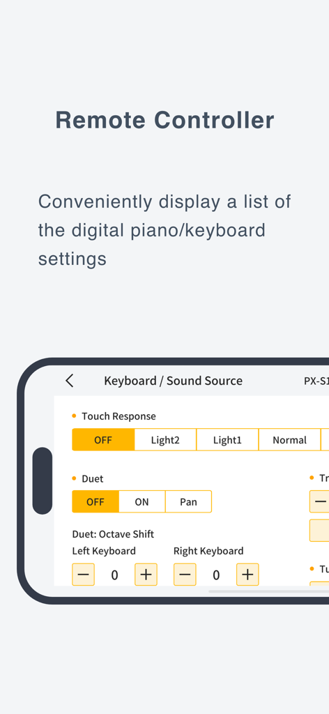 Casio Music Space app interface showing the remote controller feature for digital piano and keyboard settings