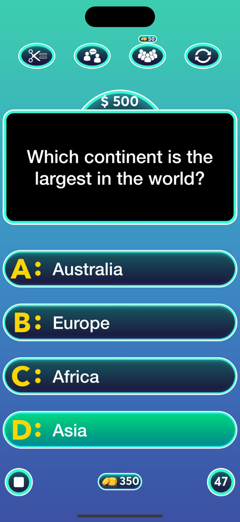 General Knowledge : Quiz Game - Gameplay screen of a general knowledge quiz showing a geography question with multiple choice answers and lifelines