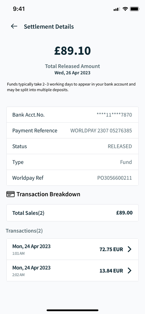Worldpay Dashboard - Worldpay Dashboard App-Bildschirm mit Abrechnungsdetails, einschließlich des gesamten ausgezahlten Betrags und der Transaktionsaufschlüsselung