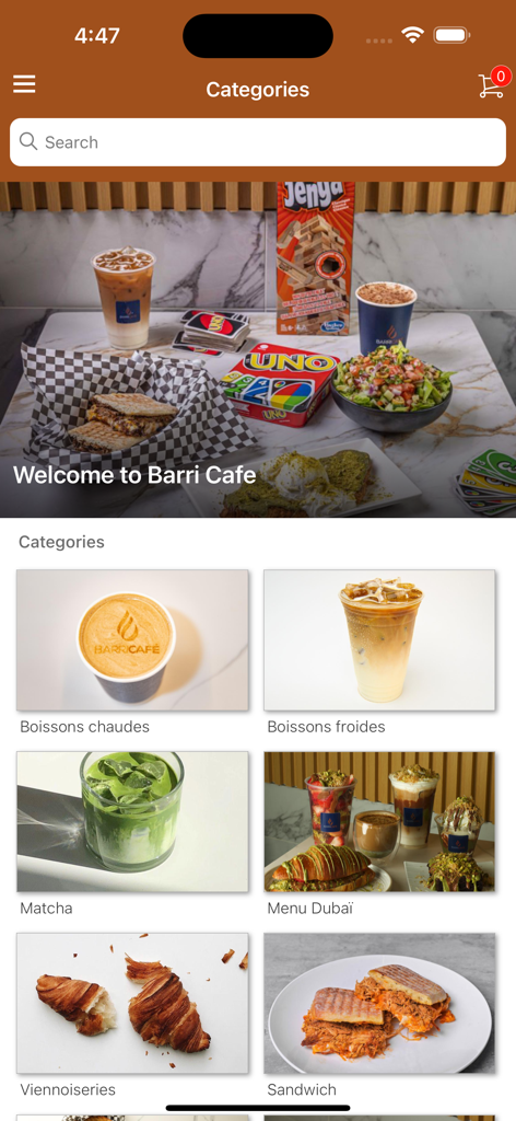 Barri Cafe - Screenshot of the Barri Cafe app categories page displaying menu items like drinks and pastries.