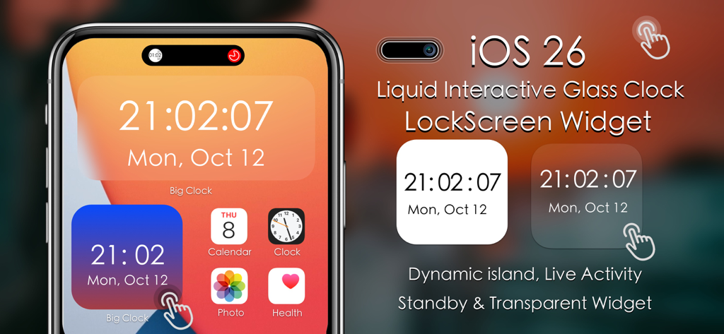 Big Clock - Pro Time Widgets - Recursos do aplicativo Big Clock, incluindo tela de bloqueio interativa e widgets transparentes para iOS.
