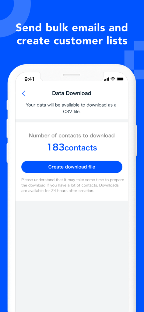 Eight: Business Card Manager - Oberfläche der Eight App zeigt einen Datendownload-Bildschirm zum Exportieren von Visitenkartenkontakten als CSV-Datei zur Erstellung von Kundenlisten