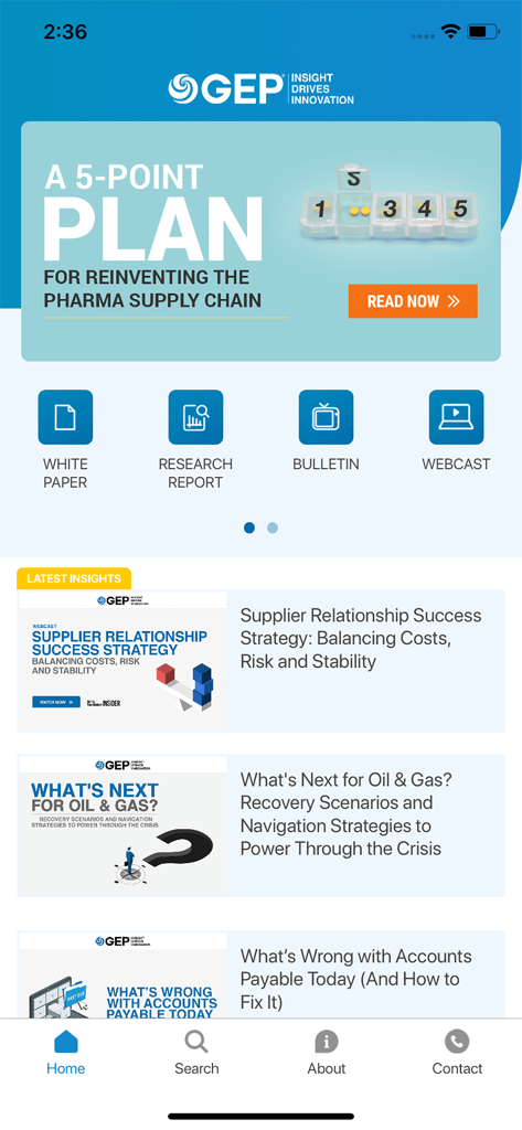 GEP GO - Pantalla de inicio de la aplicación GEP GO que muestra informes de investigación de adquisiciones y perspectivas de la cadena de suministro