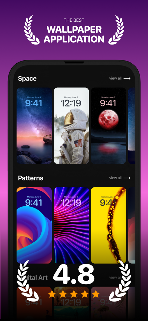 8K WALLPAPERS x 4K Backgrounds - Smartphone screen displaying 8K wallpaper categories including space and colorful patterns with a high user rating