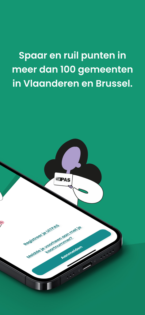 UiTPAS App - Pantalla de bienvenida de la app UiTPAS que muestra el ahorro de puntos y las recompensas de fidelidad en Flandes y Bruselas
