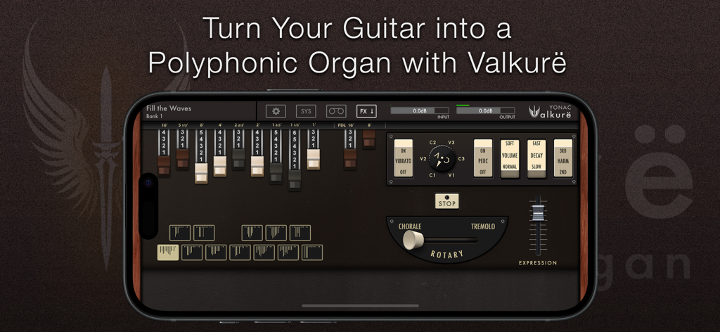 Valkure Guitar Organ - Pantalla de la aplicación Valkure Guitar Organ mostrando drawbars de órgano polifónico y controles de altavoz rotatorio en un smartphone