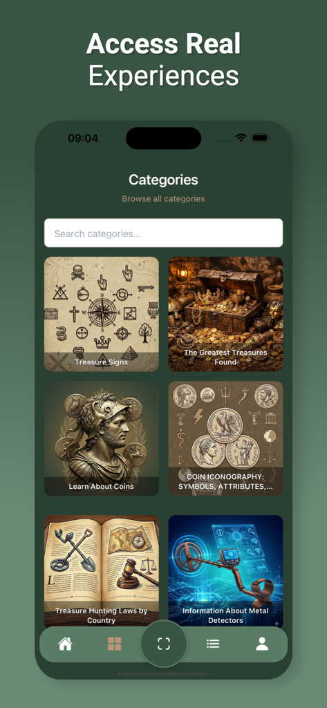 Treasure Hunter X - Mobile app screen showing treasure hunting categories including coin identification, metal detector guides and legal information