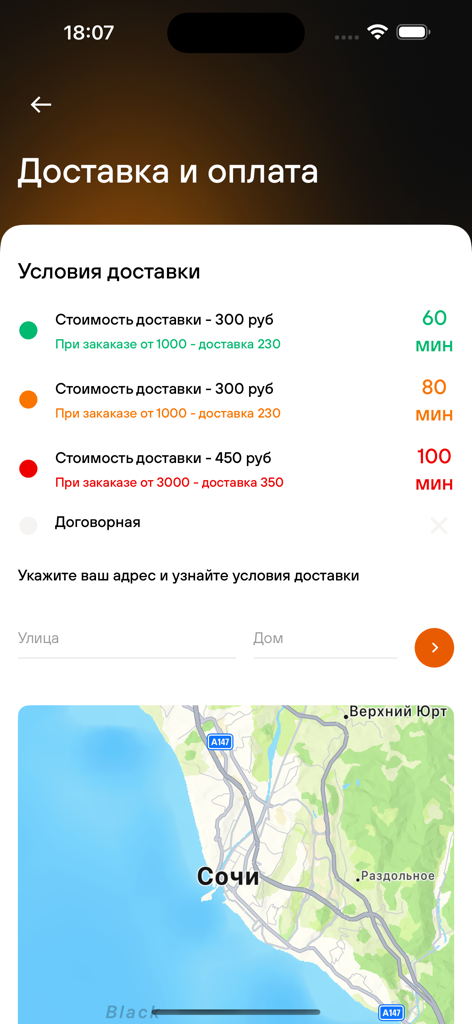 BBQ-SOCHI - BBQ-SOCHI app delivery and payment screen showing pricing tiers and a map of Sochi