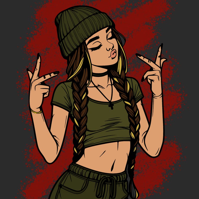 realistic teenage girl with braids and a beanie and crop top doing 🫶🏼