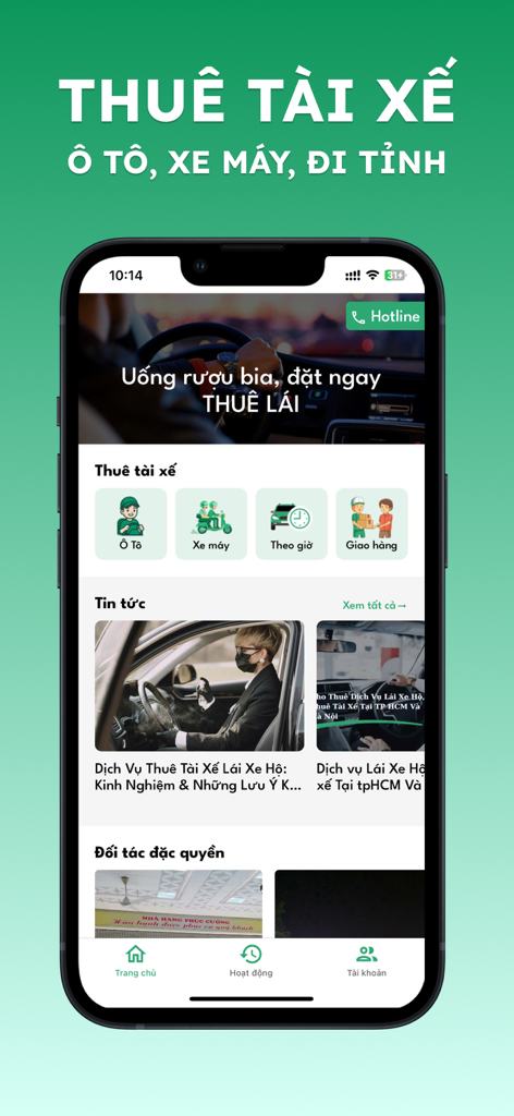 A screenshot of the Thuelai mobile app home screen showing various chauffeur and professional driver service options for car and motorbike owners