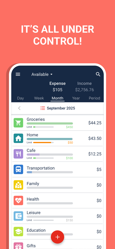 Monthly budget overview showing expense categories with visual progress bars for spending limits.