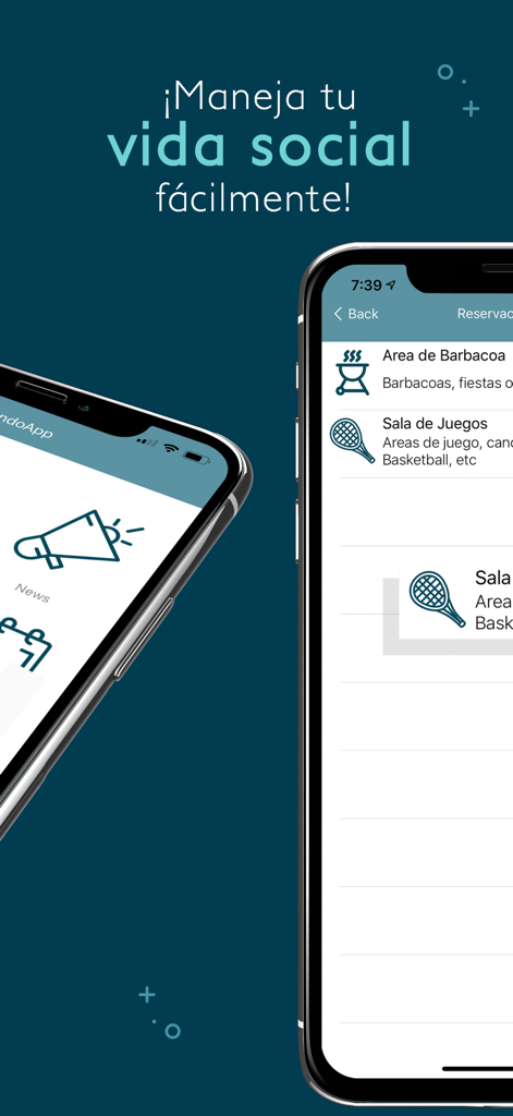CondoApp - Two smartphones displaying the CondoApp interface for news and residential amenity reservations.