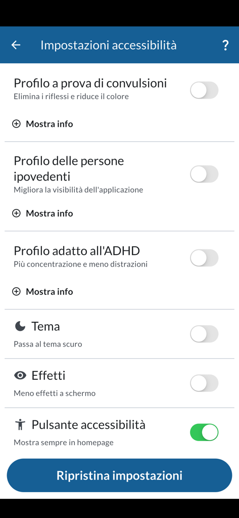 BiblioSar - BiblioSar app accessibility settings screen showing inclusive profiles for users with ADHD and visual impairments.