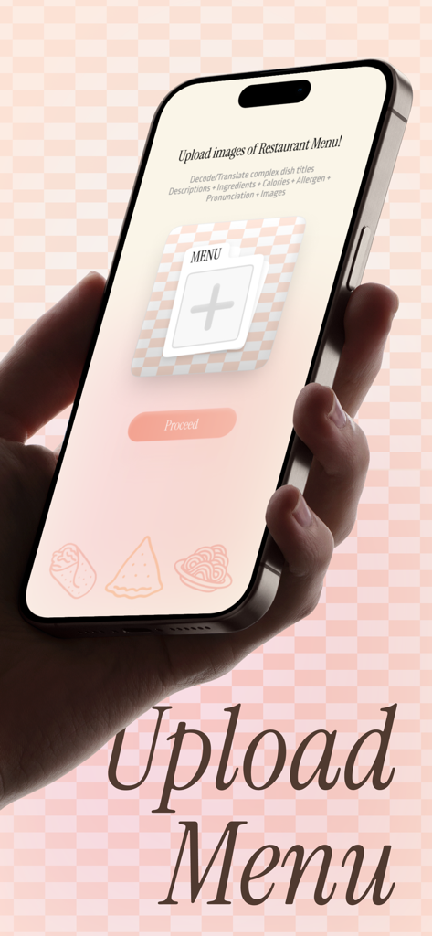 Dishlingo: Food Menu Decoder - Smartphone displaying the upload menu interface for Dishlingo Food Menu Decoder app